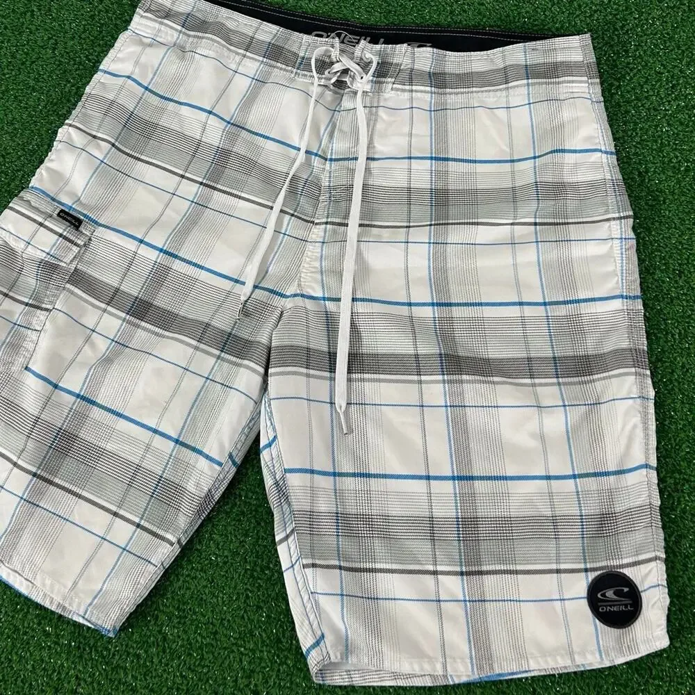 Retro O’Neill Surf Checker White Plaid AOP Board Shorts  Size 36
